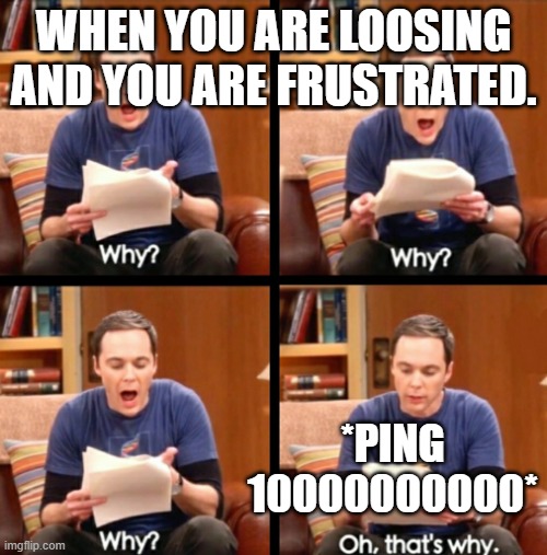 happened to me | WHEN YOU ARE LOOSING AND YOU ARE FRUSTRATED. *PING 10000000000* | image tagged in why why why oh that's why | made w/ Imgflip meme maker