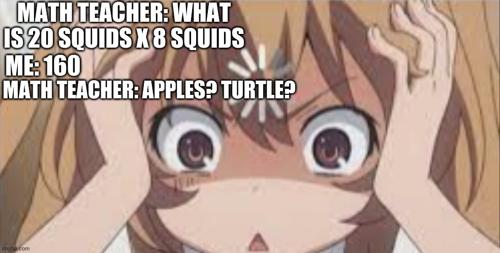 Every class | MATH TEACHER: WHAT IS 20 SQUIDS X 8 SQUIDS; ME: 160; MATH TEACHER: APPLES? TURTLE? | image tagged in school | made w/ Imgflip meme maker