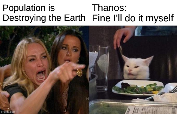 Woman Yelling At Cat | Population is Destroying the Earth; Thanos:
Fine I'll do it myself | image tagged in memes,woman yelling at cat | made w/ Imgflip meme maker