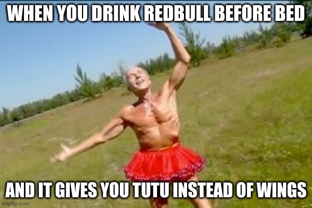 redbull tutu | WHEN YOU DRINK REDBULL BEFORE BED; AND IT GIVES YOU TUTU INSTEAD OF WINGS | image tagged in funny,redneck | made w/ Imgflip meme maker