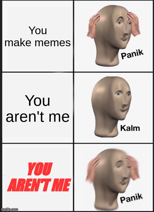 I hate on people in comments. | You make memes; You aren't me; YOU AREN'T ME | image tagged in memes,panik kalm panik | made w/ Imgflip meme maker