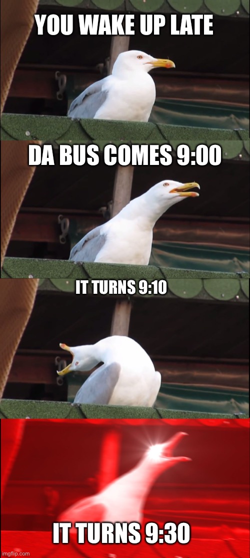 Inhaling Seagull Meme | YOU WAKE UP LATE; DA BUS COMES 9:00; IT TURNS 9:10; IT TURNS 9:30 | image tagged in memes,inhaling seagull | made w/ Imgflip meme maker