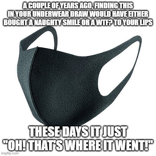 How things change  masks | A COUPLE OF YEARS AGO, FINDING THIS IN YOUR UNDERWEAR DRAW WOULD HAVE EITHER BOUGHT A NAUGHTY SMILE OR A WTF? TO YOUR LIPS; THESE DAYS IT JUST "OH! THAT'S WHERE IT WENT!" | image tagged in face mask | made w/ Imgflip meme maker