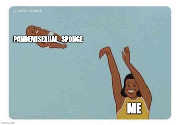 mom throwing baby | PANDEMISEXUAL_SPONGE; ME | image tagged in mom throwing baby | made w/ Imgflip meme maker