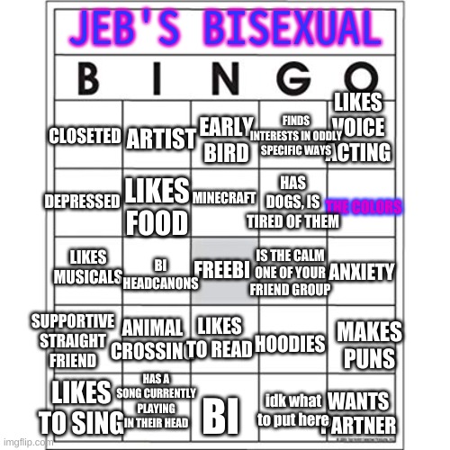 Oops, forgot to format this | JEB'S BISEXUAL; LIKES VOICE ACTING; FINDS INTERESTS IN ODDLY SPECIFIC WAYS; ARTIST; EARLY BIRD; CLOSETED; MINECRAFT; HAS DOGS, IS TIRED OF THEM; LIKES FOOD; DEPRESSED; THE COLORS; BI HEADCANONS; IS THE CALM ONE OF YOUR FRIEND GROUP; LIKES MUSICALS; ANXIETY; FREEBI; SUPPORTIVE STRAIGHT FRIEND; LIKES TO READ; MAKES PUNS; ANIMAL CROSSING; HOODIES; BI; HAS A SONG CURRENTLY PLAYING IN THEIR HEAD; LIKES TO SING; WANTS PARTNER; idk what to put here | image tagged in blank bingo card | made w/ Imgflip meme maker