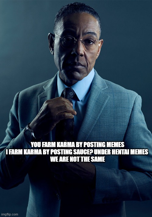 Gus Fring we are not the same | YOU FARM KARMA BY POSTING MEMES

I FARM KARMA BY POSTING SAUCE? UNDER HENTAI MEMES 
WE ARE NOT THE SAME | image tagged in gus fring we are not the same | made w/ Imgflip meme maker