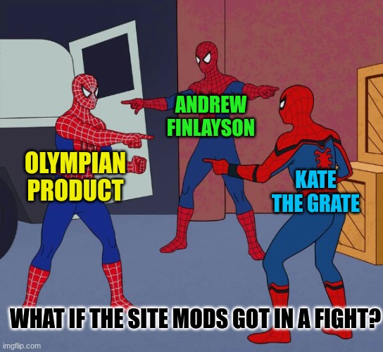 can a site wide mod be comment banned? | ANDREW FINLAYSON; OLYMPIAN PRODUCT; KATE THE GRATE; WHAT IF THE SITE MODS GOT IN A FIGHT? | image tagged in spider man triple | made w/ Imgflip meme maker
