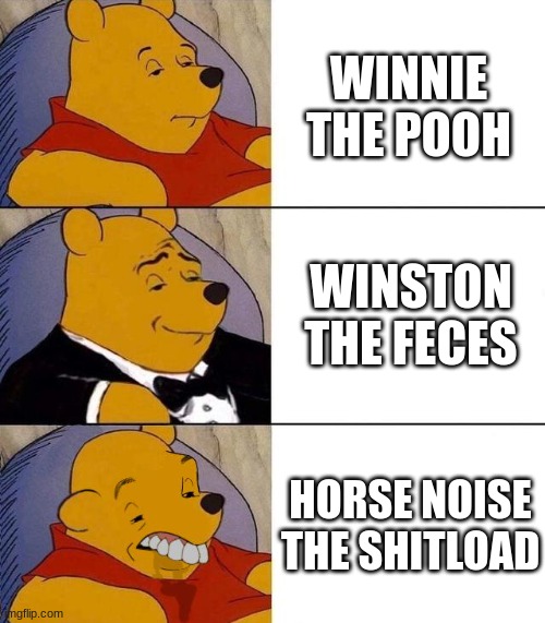 Me while making this:*dies while reading horse noise the shit load* | WINNIE THE POOH; WINSTON THE FECES; HORSE NOISE THE SHITLOAD | image tagged in best better blurst | made w/ Imgflip meme maker