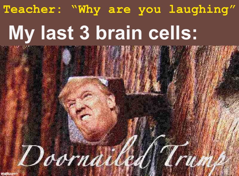 Doornailed Trump deep-fried 1 | Teacher: “Why are you laughing”; My last 3 brain cells: | image tagged in doornailed trump deep-fried 1 | made w/ Imgflip meme maker