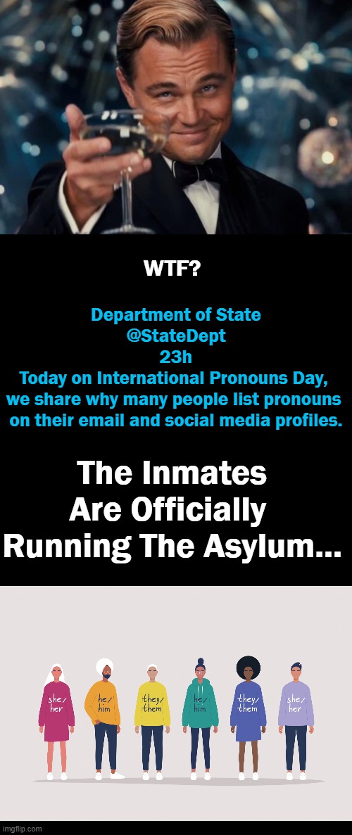 I Would Call it "International Insanity Overload Day" at Our State Department... | WTF? Department of State
@StateDept
23h
Today on International Pronouns Day, 
we share why many people list pronouns 
on their email and social media profiles. The Inmates Are Officially 
Running The Asylum... | image tagged in politics,wtf,pronouns,leftists,democratic socialism,liberal agenda | made w/ Imgflip meme maker
