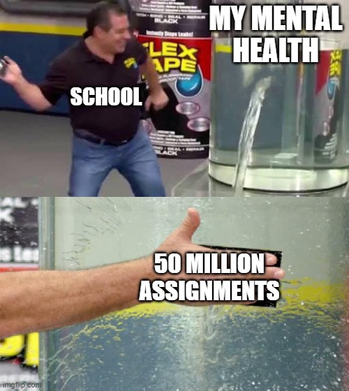 flex tape (soz for not upload yesterday) | MY MENTAL HEALTH; SCHOOL; 50 MILLION ASSIGNMENTS | image tagged in flex tape,school | made w/ Imgflip meme maker