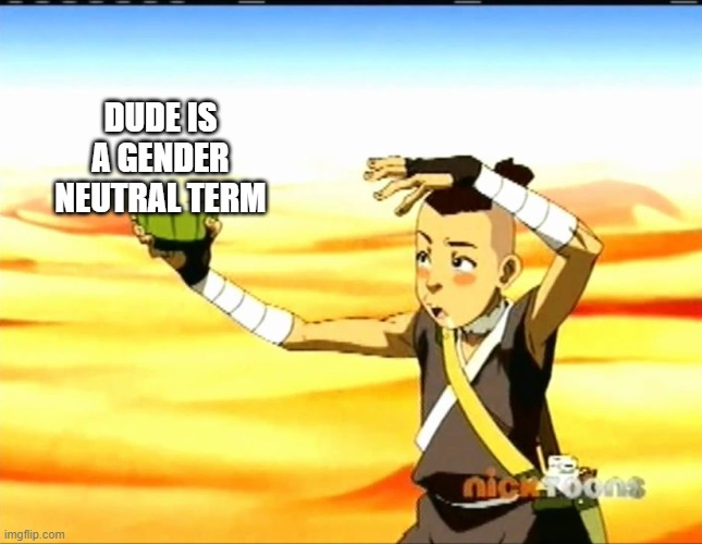 for all my fellow non-binary people | DUDE IS A GENDER NEUTRAL TERM | image tagged in sokka cactus juice | made w/ Imgflip meme maker
