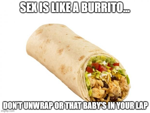 Keep it Wrapped | SEX IS LIKE A BURRITO…; DON’T UNWRAP OR THAT BABY’S IN YOUR LAP | image tagged in burrito | made w/ Imgflip meme maker