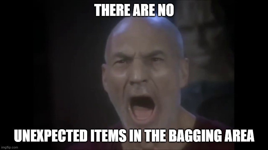 There are four lights | THERE ARE NO; UNEXPECTED ITEMS IN THE BAGGING AREA | image tagged in there are four lights,memes | made w/ Imgflip meme maker