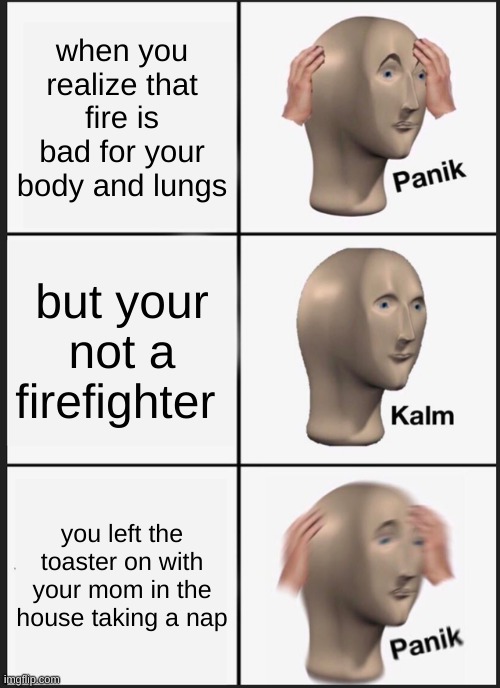 fire is bad | when you realize that fire is bad for your body and lungs; but your not a firefighter; you left the toaster on with your mom in the house taking a nap | image tagged in memes,panik kalm panik | made w/ Imgflip meme maker