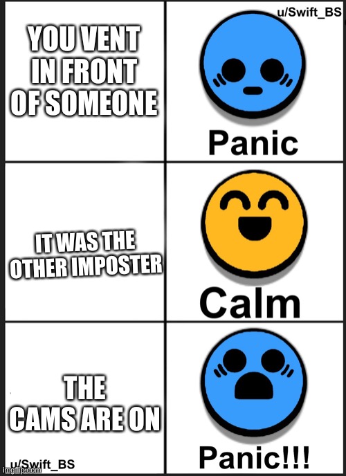 YOU VENT IN FRONT OF SOMEONE; IT WAS THE OTHER IMPOSTER; THE CAMS ARE ON | image tagged in panic calm panic | made w/ Imgflip meme maker