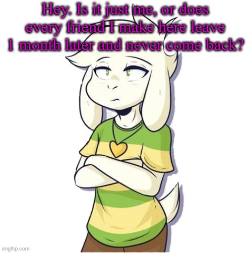 I mean, it always happens...   (at least for me) | Hey. Is it just me, or does every friend I make here leave 1 month later and never come back? | image tagged in asriel | made w/ Imgflip meme maker