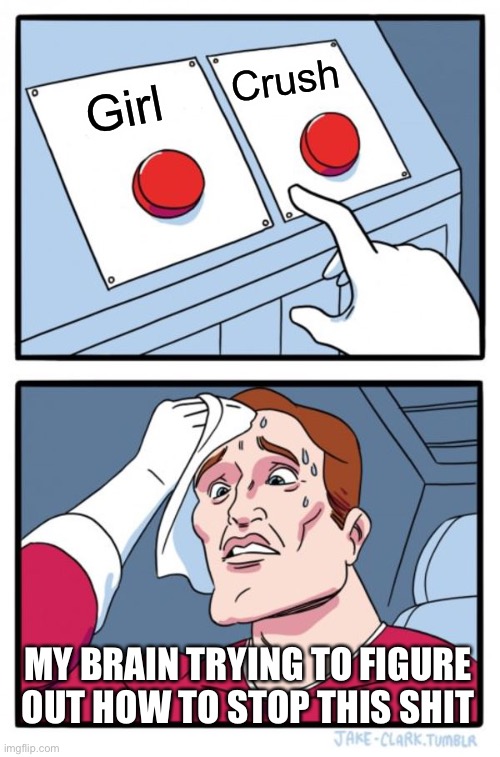 Two Buttons Meme | Crush; Girl; MY BRAIN TRYING TO FIGURE OUT HOW TO STOP THIS SHIT | image tagged in memes,two buttons,love,crush,cute,cuddles | made w/ Imgflip meme maker