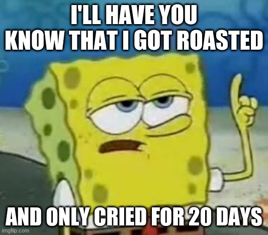 I'll Have You Know Spongebob |  I'LL HAVE YOU KNOW THAT I GOT ROASTED; AND ONLY CRIED FOR 20 DAYS | image tagged in memes,i'll have you know spongebob | made w/ Imgflip meme maker