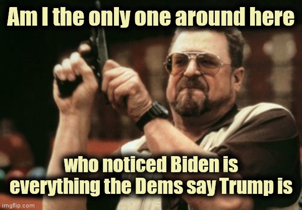 Am I The Only One Around Here Meme | Am I the only one around here who noticed Biden is everything the Dems say Trump is | image tagged in memes,am i the only one around here | made w/ Imgflip meme maker
