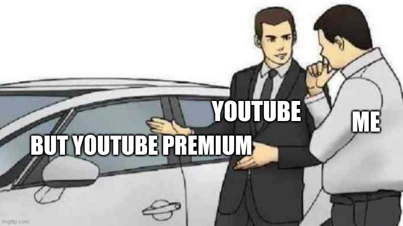 this is how you use this meme | ME BUT YOUTUBE PREMIUM YOUTUBE | image tagged in memes,car salesman slaps roof of car | made w/ Imgflip meme maker