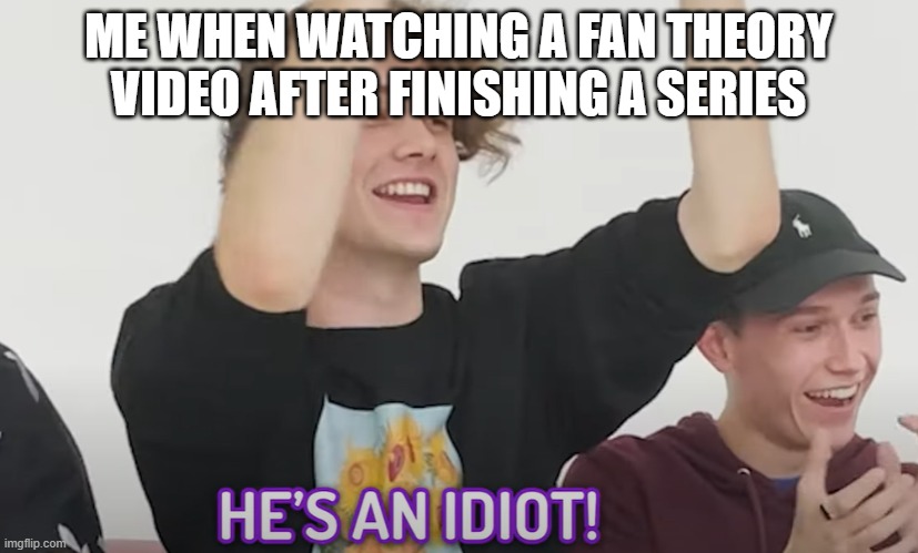 he's an idiot | ME WHEN WATCHING A FAN THEORY VIDEO AFTER FINISHING A SERIES | image tagged in he's an idiot | made w/ Imgflip meme maker