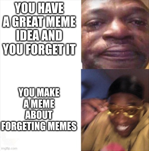 Sad Happy | YOU HAVE A GREAT MEME IDEA AND YOU FORGET IT; YOU MAKE A MEME ABOUT FORGETING MEMES | image tagged in sad happy | made w/ Imgflip meme maker