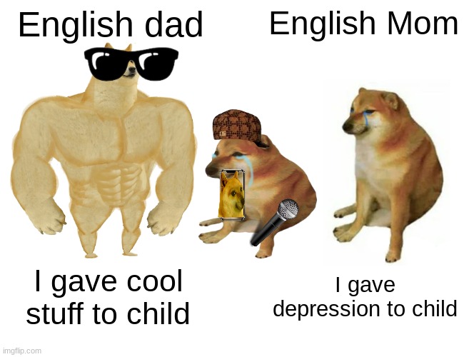 Buff Doge vs. Cheems | English dad; English Mom; I gave cool stuff to child; I gave depression to child | image tagged in memes,buff doge vs cheems | made w/ Imgflip meme maker