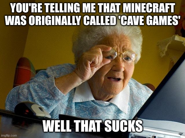 Grandma Finds The Internet Meme | YOU'RE TELLING ME THAT MINECRAFT WAS ORIGINALLY CALLED 'CAVE GAMES'; WELL THAT SUCKS | image tagged in memes,grandma finds the internet,minecraft | made w/ Imgflip meme maker