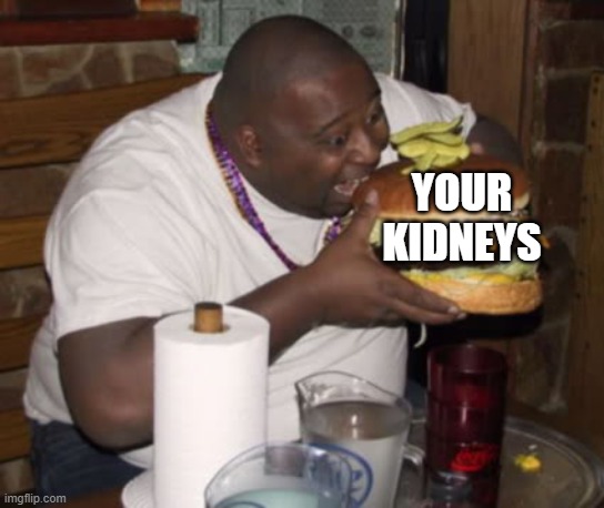 Fat guy eating burger | YOUR KIDNEYS | image tagged in fat guy eating burger | made w/ Imgflip meme maker