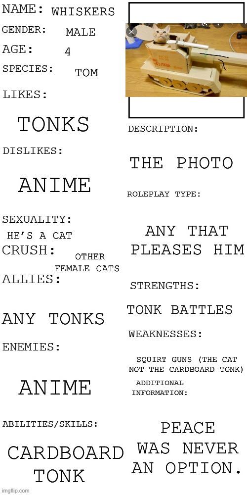 Cat oc | WHISKERS; MALE; 4; TOM; TONKS; THE PHOTO; ANIME; ANY THAT PLEASES HIM; HE’S A CAT; OTHER FEMALE CATS; TONK BATTLES; ANY TONKS; SQUIRT GUNS (THE CAT NOT THE CARDBOARD TONK); ANIME; PEACE WAS NEVER AN OPTION. CARDBOARD TONK | image tagged in updated roleplay oc showcase | made w/ Imgflip meme maker