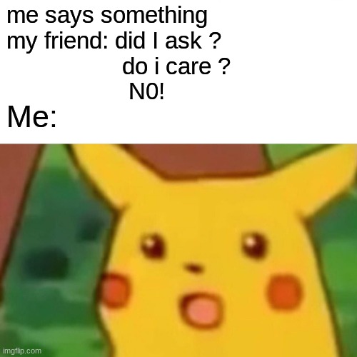 OMG did not expect that ! | me says something
my friend: did I ask ?
                  do i care ?
                   N0! Me: | image tagged in memes,surprised pikachu,roast,roasted | made w/ Imgflip meme maker