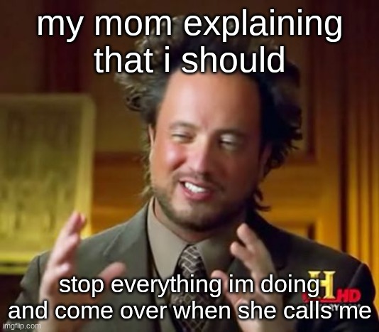 mom problem | my mom explaining that i should; stop everything im doing and come over when she calls me | image tagged in memes,ancient aliens | made w/ Imgflip meme maker