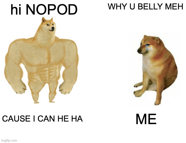 YES | hi NOPOD; WHY U BELLY MEH; CAUSE I CAN HE HA; ME | image tagged in memes,buff doge vs cheems | made w/ Imgflip meme maker