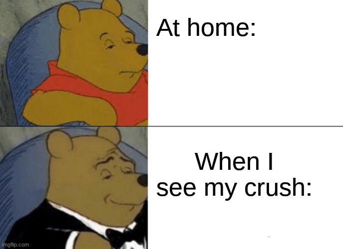 Tuxedo Winnie The Pooh | At home:; When I see my crush: | image tagged in memes,tuxedo winnie the pooh | made w/ Imgflip meme maker