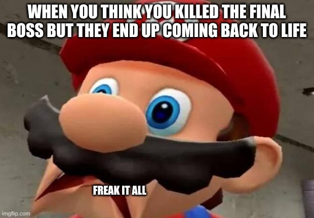 Mario WTF | WHEN YOU THINK YOU KILLED THE FINAL BOSS BUT THEY END UP COMING BACK TO LIFE; FREAK IT ALL | image tagged in mario wtf | made w/ Imgflip meme maker