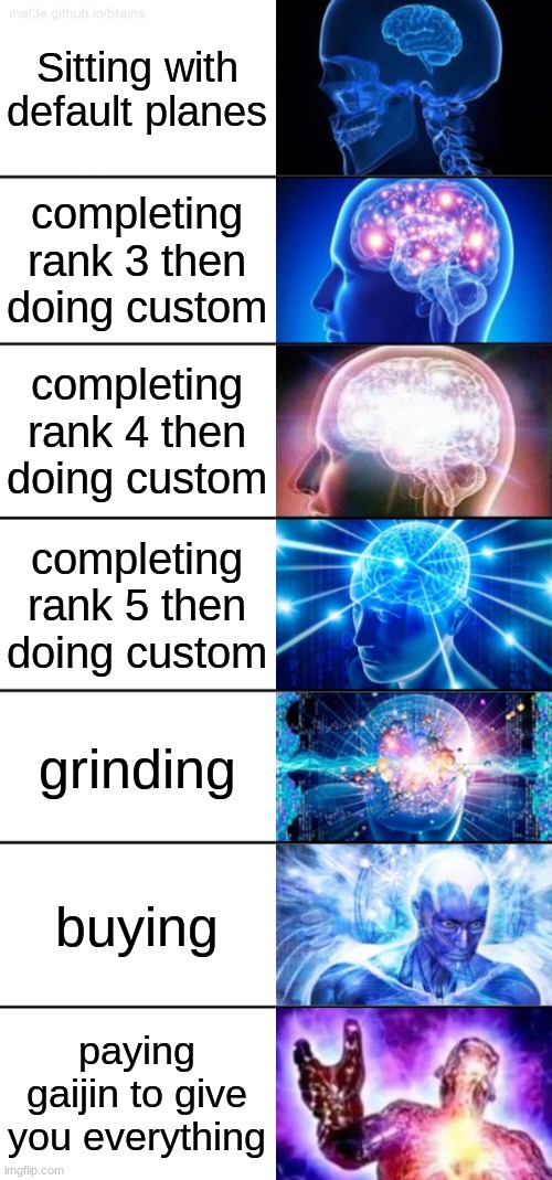 Well, That Can't  Happen. (War Thunder) | Sitting with default planes; completing rank 3 then doing custom; completing rank 4 then doing custom; completing rank 5 then doing custom; grinding; buying; paying gaijin to give you everything | image tagged in 7-tier expanding brain | made w/ Imgflip meme maker
