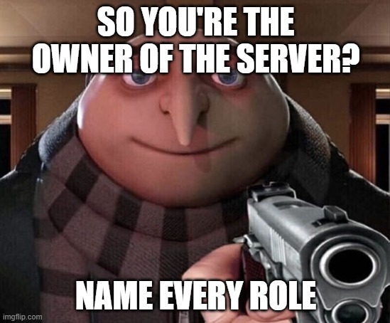 Go on do it. | SO YOU'RE THE OWNER OF THE SERVER? NAME EVERY ROLE | image tagged in gru gun,meme | made w/ Imgflip meme maker