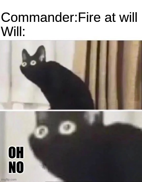 Oh no | Commander:Fire at will
Will:; OH NO | image tagged in oh no black cat | made w/ Imgflip meme maker