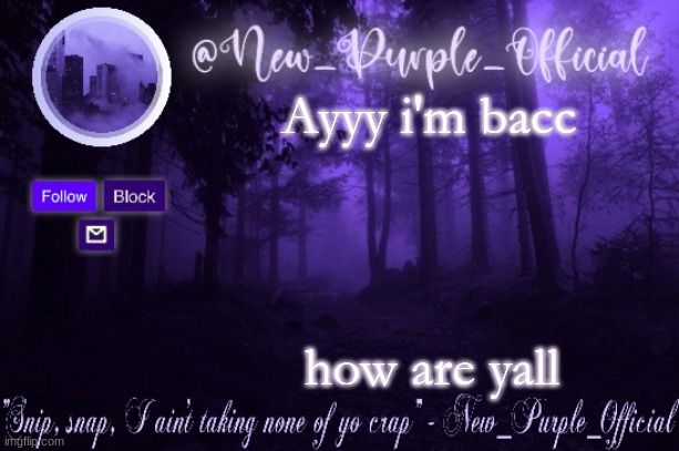 Purple's Announcement | Ayyy i'm bacc; how are yall | image tagged in purple's announcement | made w/ Imgflip meme maker