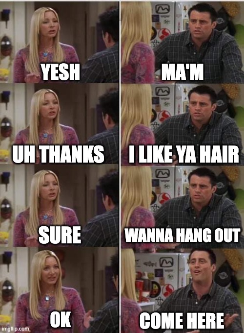 this has to be very cringey for a date | YESH; MA'M; I LIKE YA HAIR; UH THANKS; SURE; WANNA HANG 0UT; OK; COME HERE | image tagged in phoebe joey | made w/ Imgflip meme maker