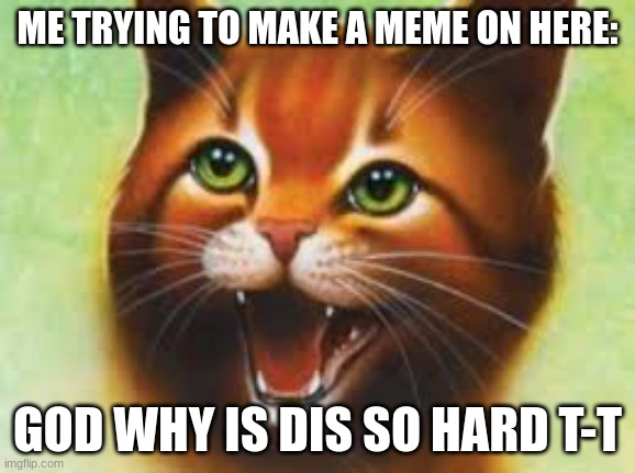 People tryna make memes | ME TRYING TO MAKE A MEME ON HERE:; GOD WHY IS DIS SO HARD T-T | image tagged in warrior cats firestar | made w/ Imgflip meme maker