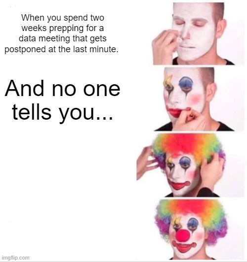 lost time | When you spend two weeks prepping for a data meeting that gets postponed at the last minute. And no one tells you... | image tagged in memes,clown applying makeup | made w/ Imgflip meme maker