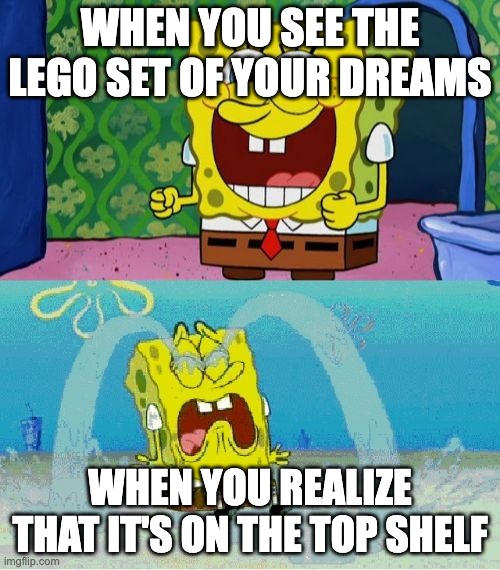 spongebob happy and sad | WHEN YOU SEE THE LEGO SET OF YOUR DREAMS; WHEN YOU REALIZE THAT IT'S ON THE TOP SHELF | image tagged in spongebob happy and sad | made w/ Imgflip meme maker