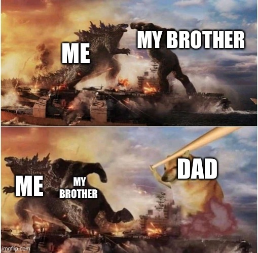 During video games | MY BROTHER; ME; DAD; ME; MY BROTHER | image tagged in kong godzilla doge | made w/ Imgflip meme maker