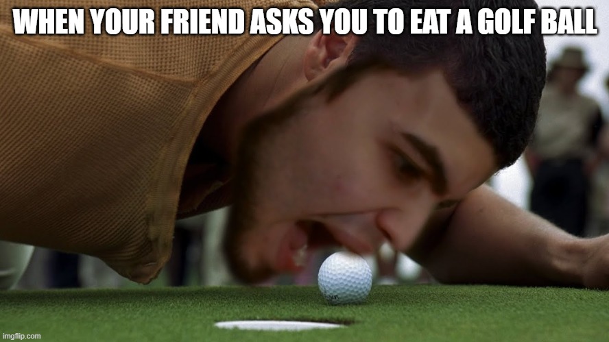 happy gilmore meme | WHEN YOUR FRIEND ASKS YOU TO EAT A GOLF BALL | image tagged in happy gilmore,golf,movies,comedy,adam sandler | made w/ Imgflip meme maker