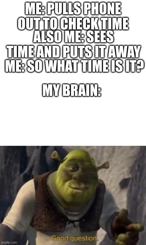 ME: PULLS PHONE OUT TO CHECK TIME; ALSO ME: SEES TIME AND PUTS IT AWAY; ME: SO WHAT TIME IS IT? MY BRAIN: | image tagged in memes,blank transparent square,shrek good question | made w/ Imgflip meme maker
