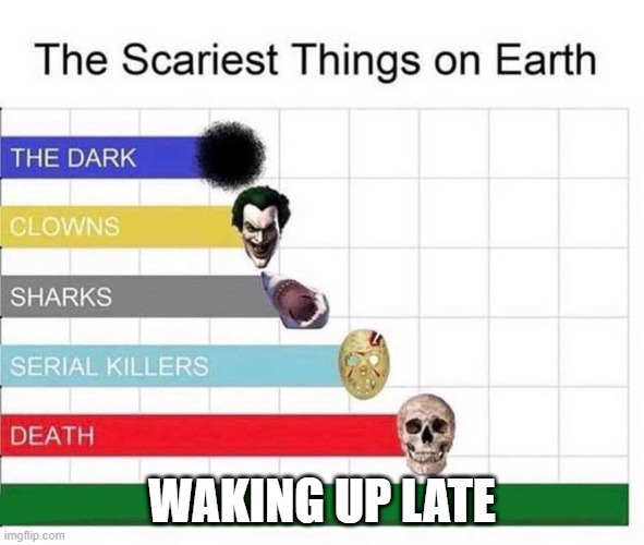 scariest things in the world | WAKING UP LATE | image tagged in scariest things in the world | made w/ Imgflip meme maker