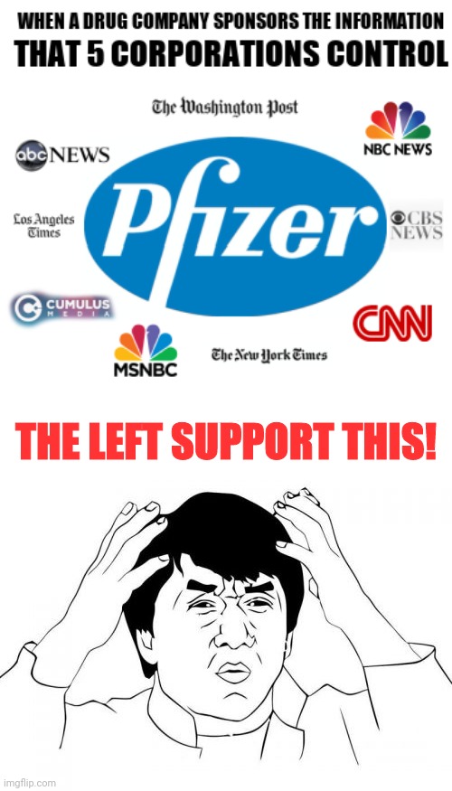 Pfizer MSM | THE LEFT SUPPORT THIS! | image tagged in jackie chan wtf,msm lies,pfizer,democrats,leftists | made w/ Imgflip meme maker