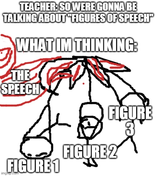 figures of speech | WHAT IM THINKING:; TEACHER: SO WERE GONNA BE TALKING ABOUT "FIGURES OF SPEECH"; THE SPEECH; FIGURE 3; FIGURE 2; FIGURE 1 | image tagged in figures,stickman,corny draws on laptop,these tags have nothing to do with anything,i know your reading this | made w/ Imgflip meme maker